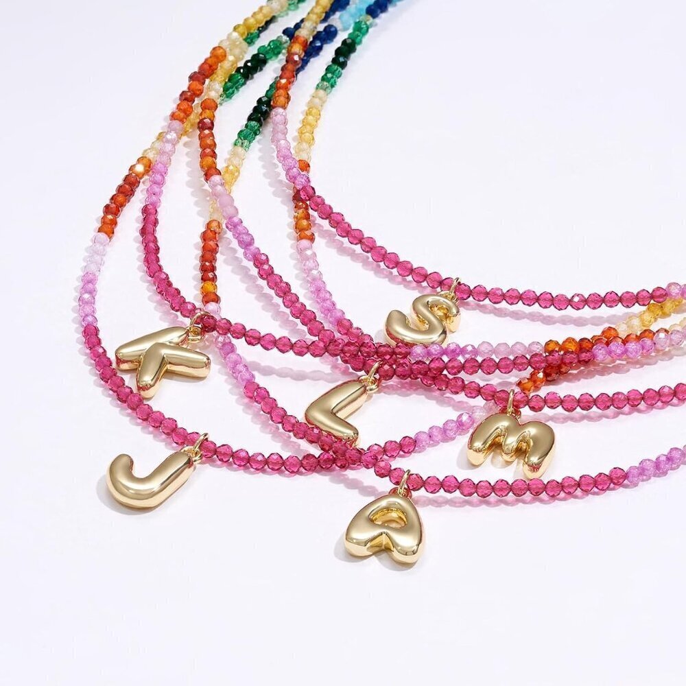 Beaded Initial Necklace Women Gold Plated Rainbow Gemstone Choker Summer Beach J - Picture 6 of 7